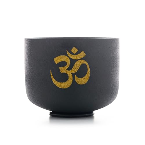 7-12 inch 432HZ Gold Powder Printing Black Chakra Crystal Singing Bowls Set of 7 Meditation Bowl Frosted Healing Quartz Bowls with 2 Travel Carry Case Bag 2 Mallet Suede 2 Strikers 7 O-rings