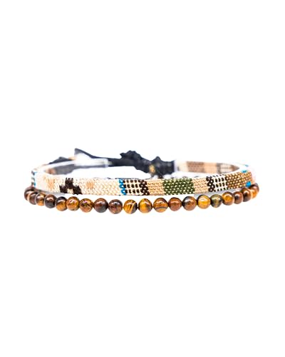 Made by Nami 2 Pcs Boho Surfer Bracelets for Men and Women Waterproof and Adjustable Beach Bracelets for Men and Women Set of 2 Beaded & Braided - color: Tiger-Eyes & Safari