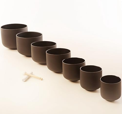 Leize 6-12 inch Chakra Tuned 432hz Set of 7 Quartz Black Crystal Singing Bowls with Heavy Duty Carrying Cases and Singing Bowl Mallet Suede Strikers