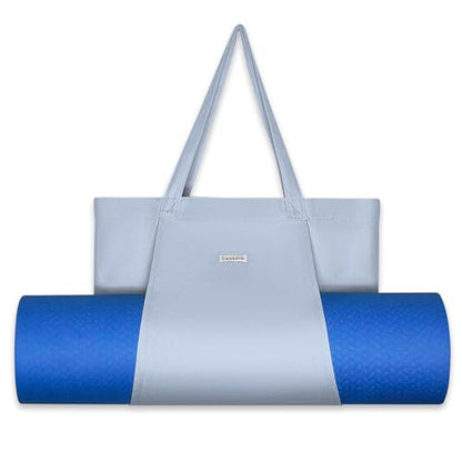 Yoga Mat Bag for Women, 100% Cotton Canvas Tote with Wet/Dry Pocket, Bottle Holder and Inner Zipper Pocket, 25L Carrier for Pilates and Travel - color: Light blue