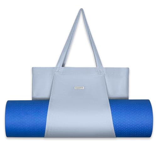 Yoga Mat Bag for Women, 100% Cotton Canvas Tote with Wet/Dry Pocket, Bottle Holder and Inner Zipper Pocket, 25L Carrier for Pilates and Travel - color: Light blue
