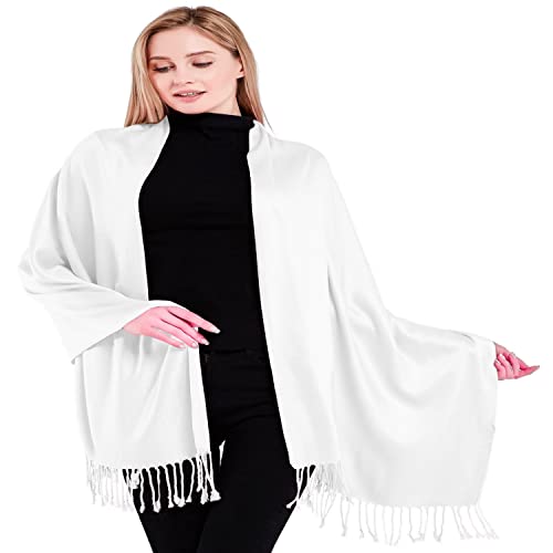 CJ Apparel Solid Color Tassels Design Nepalese Shawl Scarf Wrap Stole Throw Head Wrap Pashmina Gift Hand Made in Nepal New - color: Brilliant White