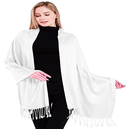CJ Apparel Solid Color Tassels Design Nepalese Shawl Scarf Wrap Stole Throw Head Wrap Pashmina Gift Hand Made in Nepal New - color: Brilliant White