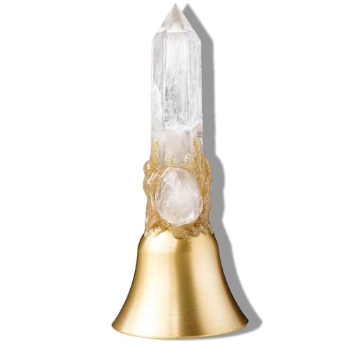 Super Loud Solid Brass Hand Call Bell Meditation Altar Bell - Solid Brass Ritual Tool for Prayer, Home Decor & Pet Feeding (Natural Crystal Tower Design) - color: Clearquartz, size: 4.53"