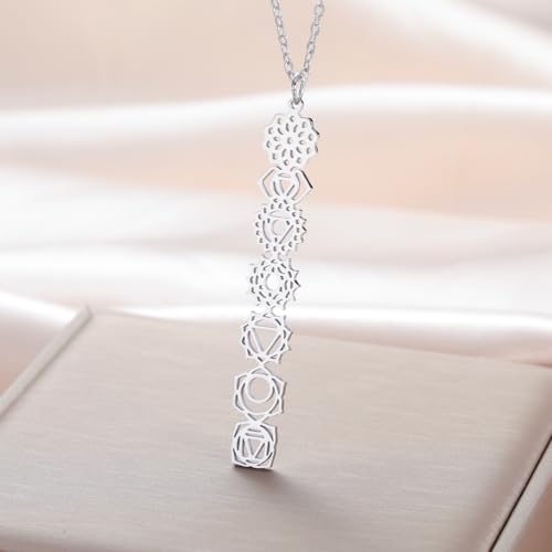 Dreamtimes 7 Chakra Necklace for Women Stainless Steel Spiritual Healing Pendant Necklace for Meditation Yoga Lover for Christmas - color: Silver