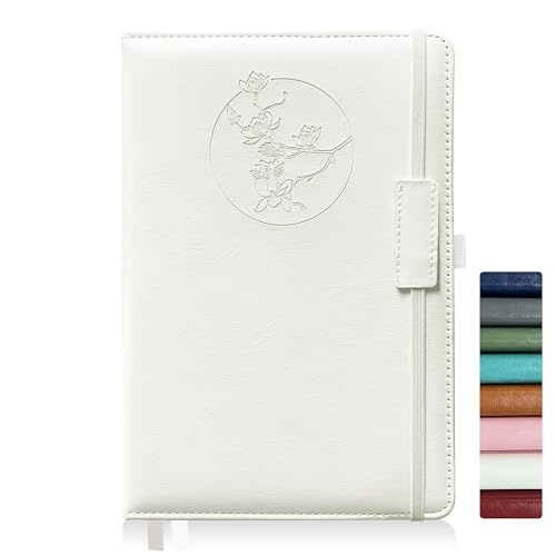 Notebook Journal for Women Men,256 Pages A5 Hardcover Leather Journaling Notebooks for Work,lined journal/notebook with 100Gsm Paper,Pen Holder and inner pocket 5.8"×8.4"(White)