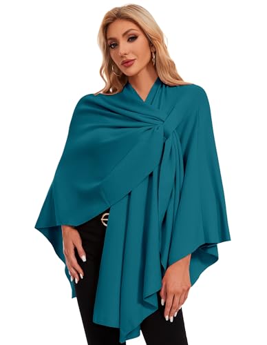 PULI Womens Elegant Cross Front Shawl Wraps Knitted Ponchos Cape Light Weight Poncho Sweater Soft Warm Travel Wraps - color: Dark Cyan