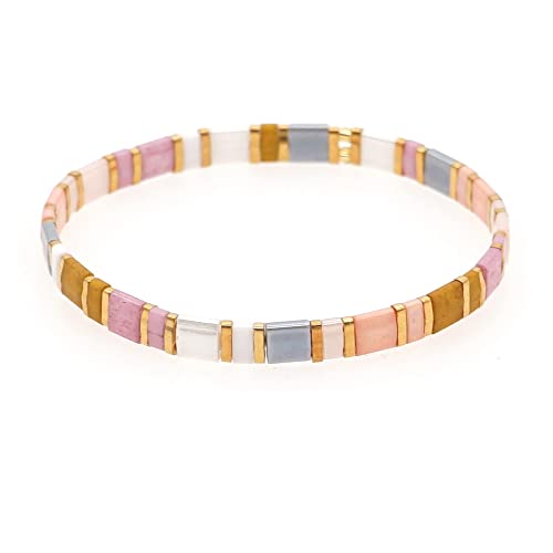 Tila Flat Beaded Stretch Bracelet for Women,Bohemian Friendship Bead Bracelets Handmade Stack Boho Jewelry Accessory for Everyday Wear, Vacation and Friend Gifts - color: pink