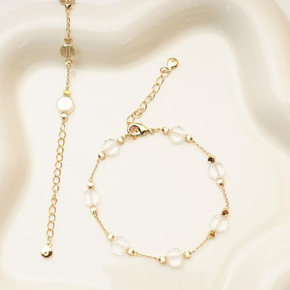 18K Gold Plated Dainty Chain Bracelet for Women Waterproof Crystal Link Bracelet 6.9"+2.4" Gold Minimalist Jewelry Gifts for Her Everyday Wear