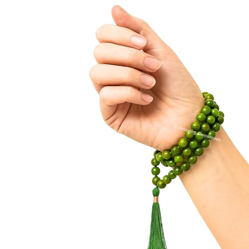 Amazing Gemstone Japa Mala 108 Prayer Beads Necklace and Wrist Mala Bracelet for Meditation - color: Green Jade, size: Hand Knotted