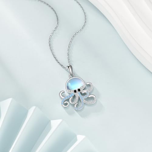 Sterling Silver Cute Animal Pendant Necklace Fox/Snake/Unicorn/Owl on Moon/Rabbit/Horse Necklace Jewelry for Women Mom Sister - style: Moonstone Octopus