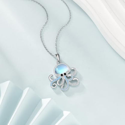 Sterling Silver Cute Animal Pendant Necklace Fox/Snake/Unicorn/Owl on Moon/Rabbit/Horse Necklace Jewelry for Women Mom Sister - style: Moonstone Octopus