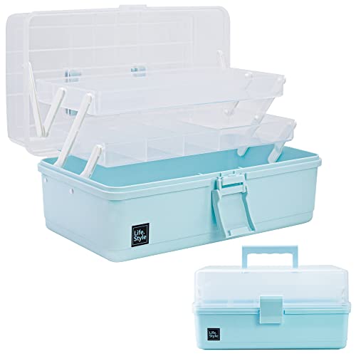 Creahaus 13 inch Art Craft Organizer Storage Box with 3 Layer, Multipurpose Plastic Tool Box with Handle for Sewing, Art Supply, Medicine, Nail, Hair Accessories (Blue) - color: Blue