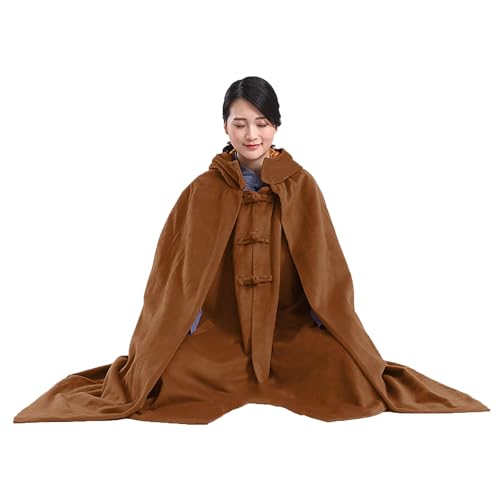 Meditation Buddhist Hooded Cloak Coat,Winter Thickened Plus Velvet Long Monk Monk Master Meditation Cloak Meditation - color: Khaki, size: X-Large