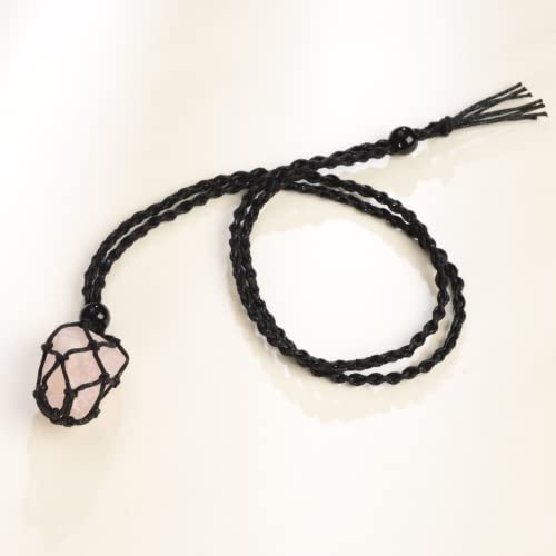 Natural unprocessed crystal raw stone hand woven rope adjustable necklace pendant for both men and women - color: A-Rose Quartz 1