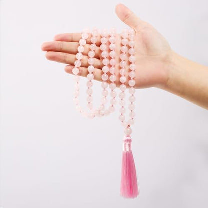 8mm Natural Stone 108 Mala Beads Necklace for Men and Women - color: Rose Quartz