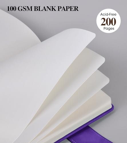 Blank Journal Notebook, A5 Hardcover Leather Sketchbook with 200 Pages Thick Blank Paper for Men Women, Unlined Drawing & Writing Journal, 5.9" x 8.4" Plain Notebook (purple) - color: Purple, size: Blank Page