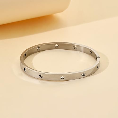 Gold Bangle for Women - 18K Gold Plated Stainless Steel Love Friendship Crystal Bracelets with Cubic Zirconia - color: star bangle - silver