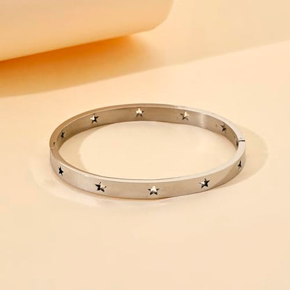 Gold Bangle for Women - 18K Gold Plated Stainless Steel Love Friendship Crystal Bracelets with Cubic Zirconia - color: star bangle - silver