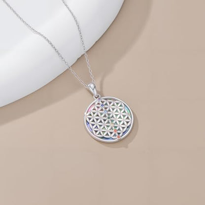 Flower of Life Necklace 925 Sterling Silver Chakra Pendant 7 Chakra Flower of Life Jewelry for Women Men