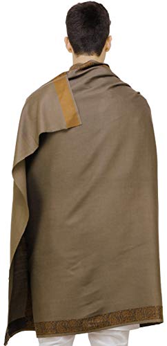 Exotic India Plain Men's Shawl with Brown Woven Border - Pure Wool - color: Otter Brown