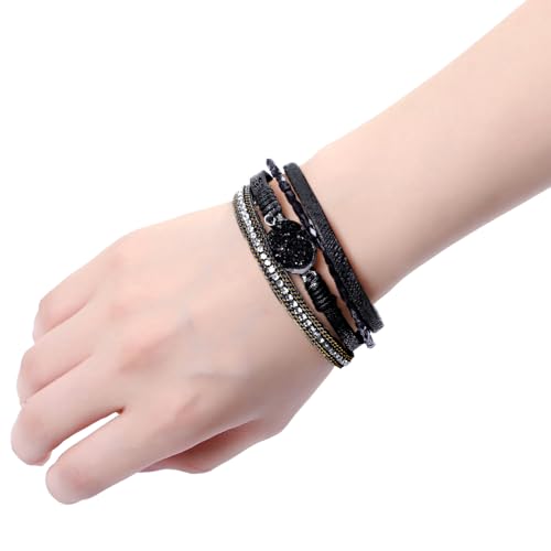 Fesciory Leopard Bracelet for Women, Boho Leather Wrap Multi-Layer Pearl Crystal Bracelet Bangle Jewelry - style: Black Stone(Short)