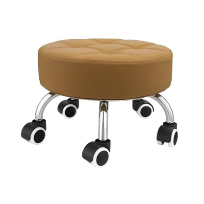 Low Height Rolling Stool - Heavy Duty Short Stool Chair with Wheels Low to Ground - Small Roller Seat for Home Office Garage Kitchen Repair Shop Mechanic Pedicure Library - Camel