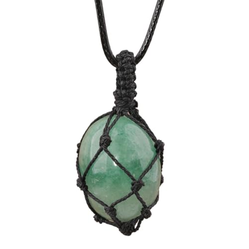 Crystal Tumbled Stone Pendant Necklace for Women Knotted Net Bag Leather Necklace Yoga Meditation Jewelry Gifts - color: Green Strawberry