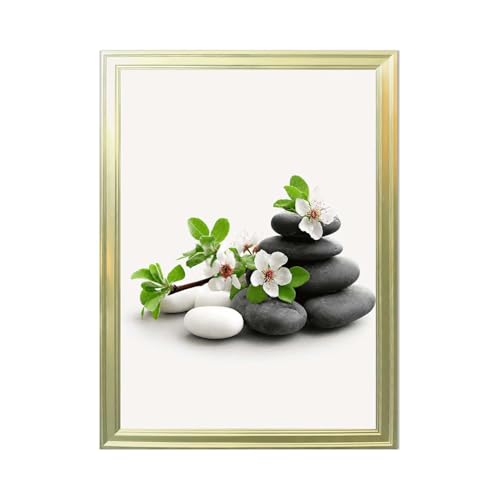 Framed Zen Stones and White Blossoms Poster Canvas Print Art Modern Minimalist Aesthetic Wall Art Painting Pictures Wall Decor Elegant Home Decoration for Living Room Bedroom Office (Golden frame,12''LX16''W)