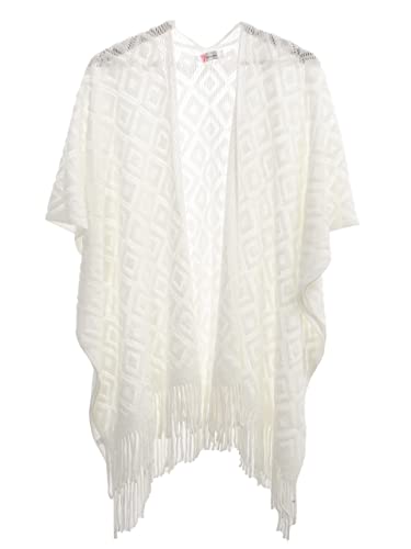 Soul Young Knit Shawl Wrap for Women Ladies Fringe Poncho Blanket Cardigan Cape - color: Z Rhombus Cream White