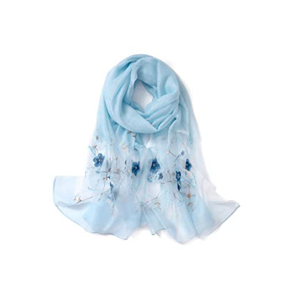 Women Silk & Wool Long and Large Scarf Shawl Wrap For Evening Dress - color: Flower Embroidery Light Blue