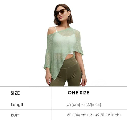 Women Sheer Poncho Top Summer Knit See Through Shrug Sweater Shawl Wrap Beach Cover Up KCSST001 - color: Light Green