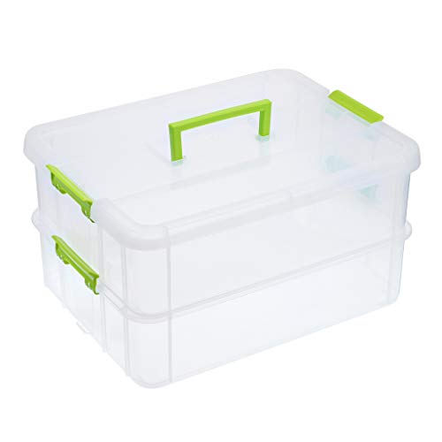 BTSKY 2 Layer Stack & Carry Box, Plastic Multipurpose Portable Storage Container Box Handled Organizer Storage Box for Organizing Stationery, Sewing, Art Craft, Jewelry and Beauty Supplies Green - color: Green
