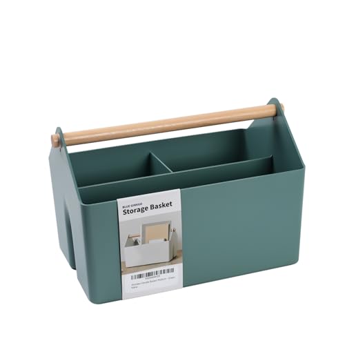 BLUE GINKGO Medium Storage Basket – Plastic Caddy with Wooden Handle for Office, Arts & Crafts, or Home Supplies (Green) - color: GREEN, size: Medium