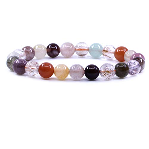 Amandastone Natural Gemstone 8mm Round Beads Stretch Bracelet 7 Inch - color: Multicolor Rutilated Quartz