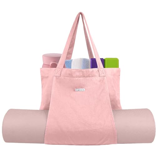 Yoga Mat Bag for Women, 100% Cotton Canvas Tote with Wet/Dry Pocket, Bottle Holder and Inner Zipper Pocket, 25L Carrier for Pilates and Travel - color: x-Pink