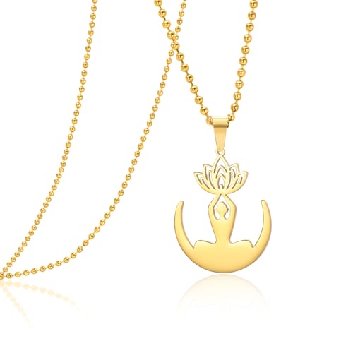 VASSAGO Buddha Lotus Necklace for Women Yoga Healing Pendant Stainless Steel Flower Necklace Buddhist Necklace Unalome Symbol Amulet Religious Jewelry - color: gold 7