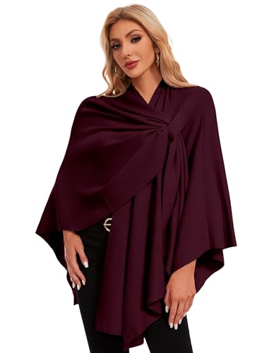PULI Womens Elegant Cross Front Shawl Wraps Knitted Ponchos Cape Light Weight Poncho Sweater Soft Warm Travel Wraps - color: Burgundy