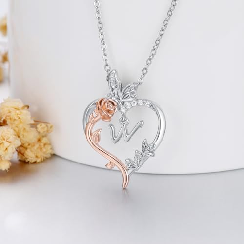 TOUPOP Gifts for Women Her 925 Sterling Silver Rose Heart Initial Necklace Butterfly Heart Jewelry Anniversary Birthday Gifts for Wife Girlfriend Mom - color: W Initial
