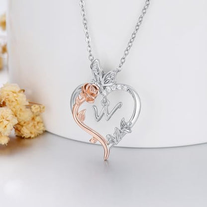 TOUPOP Gifts for Women Her 925 Sterling Silver Rose Heart Initial Necklace Butterfly Heart Jewelry Anniversary Birthday Gifts for Wife Girlfriend Mom - color: W Initial