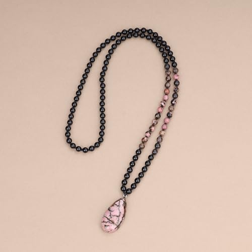 COAI Teardrop Pendant Necklace 108 Mala Stone Beaded Necklace, Prayer Beads Necklace for Women - style: Onyx & Rhodonite