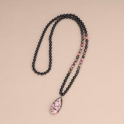 COAI Teardrop Pendant Necklace 108 Mala Stone Beaded Necklace, Prayer Beads Necklace for Women - style: Onyx & Rhodonite