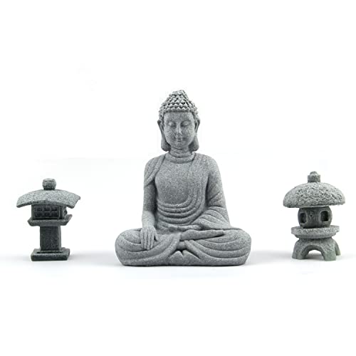 Buddha Statue and 2 Japanese Lantern Pagoda Statues - Zen Garden Accessories for Home and Mini Meditation Decor