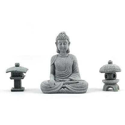 Buddha Statue and 2 Japanese Lantern Pagoda Statues - Zen Garden Accessories for Home and Mini Meditation Decor