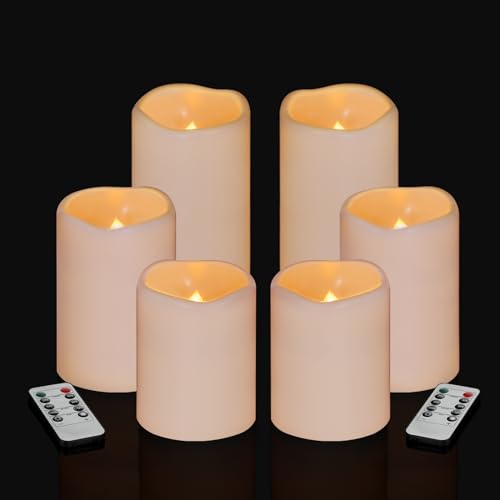 Flameless Candles 4" 5" 6" Outdoor Indoor Pillars Battery Operated Flickering Candles Include 10-Key Remote Timer 400+ Hours by 2 AA Batteries (Ivory Candle - Warm light, 3"D x 4"|5"|6" H - 6 Pack) - color: Ivory Candle - Warm light, size: 3"D x 4"|5"|6"