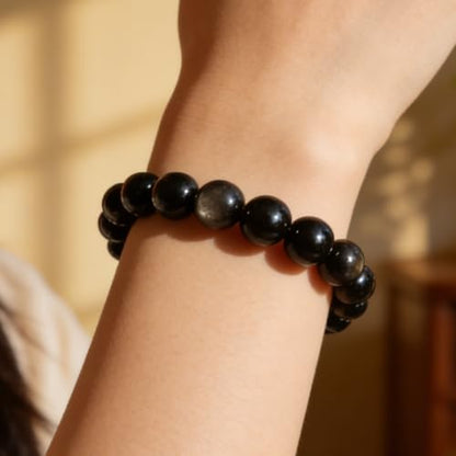 Natural Handmade Healing Chakra Bracelet - color: 10mm-Silver Obsidian-FOR 7-8 INCH WRIST