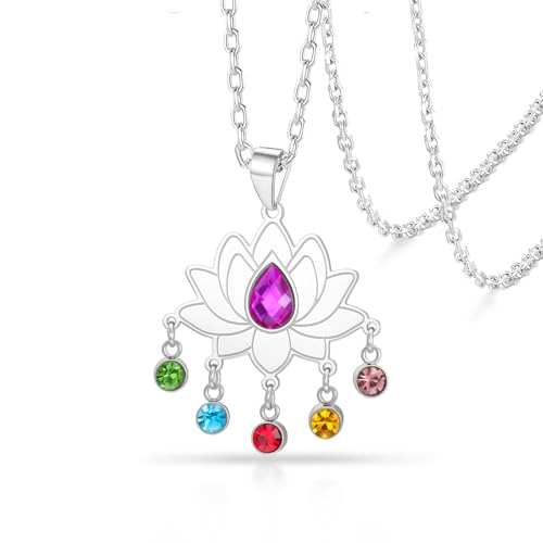 VASSAGO Lotus Necklace for Women Birthstone Pendant Lotus Flower Necklace Buddha Buddhist Unalome Symbol Amulet Yoga Spiritual Healing Jewelry Meditation Birthday Gift - color: Silver