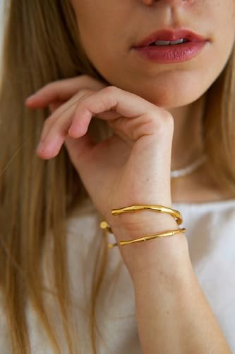 POTESSA 18K Gold Plated Cuff Bracelets Adjustable Dainty Bangle Handemade Jewelry for Women - style: Bamboo