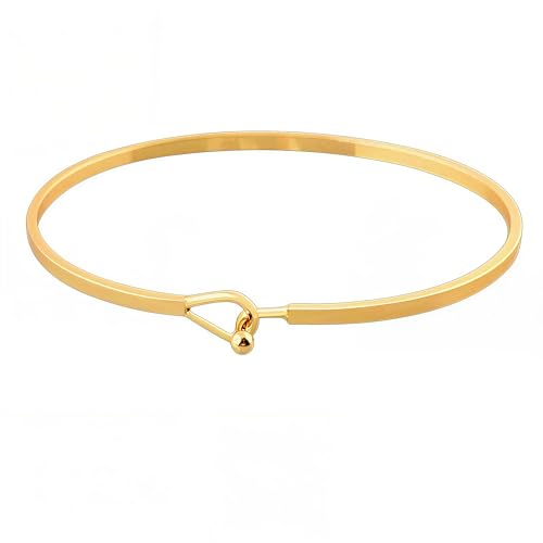 18K Gold Plated Bar Cuff Bracelet – Dainty Thin Minimalist Hook Bangle for Women