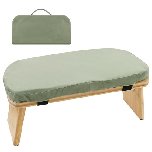 Folding Meditation Bench, Bamboo Kneeling Stool with Cushion, Portable Meditation Chair, Yoga Stool, Yoga Bench, Zen Practice, Comfortable Kneeling Chair, 16.9x7.5x7.1in (Green)